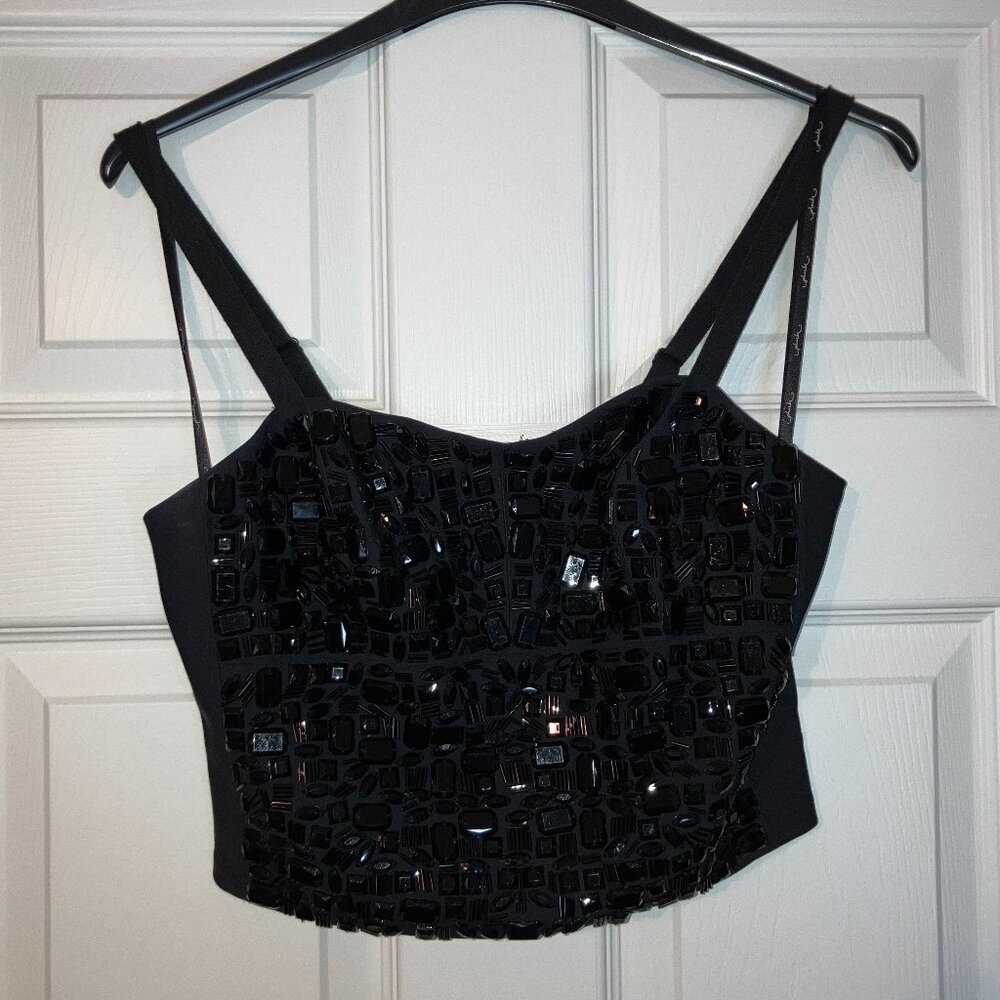Phoebe: Black rhinestone spaghetti-strap crop top (size 2)
